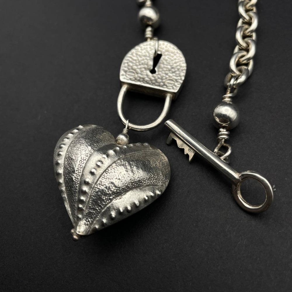 Chunky Sterling Silver Heart Lock Key Toggle Necklace Statement Jewelry - Picture 4 of 10